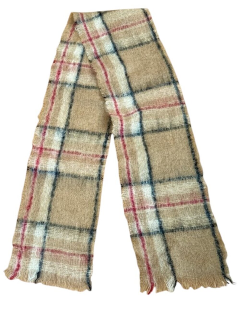 Donegal Design Scarf Mohair Wool Plaid Tan Red Black Handwoven Ireland (OS)